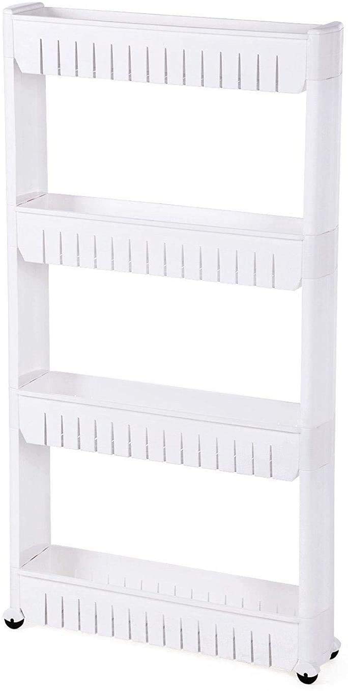 Buy 4 Tier Adjustable Plastic Storage Rack Shelf with Wheels, White
