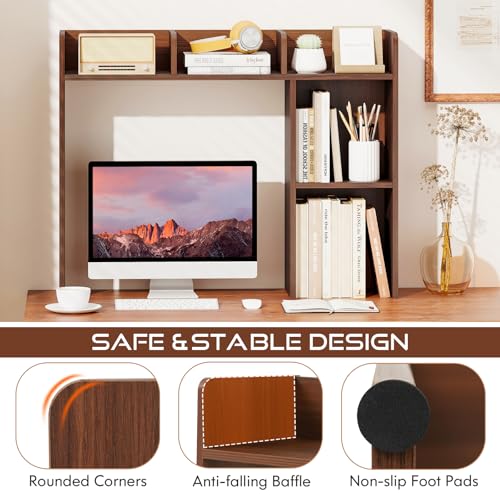 Image of Tangkula Desktop Bookshelf, Countertop Storage Hutch with Shelves for Computer Desk, Desk 3-Tier Display Rack, Multipurpose Wood Desktop Hutch Storage Organizer for Dorm Office (Walnut)