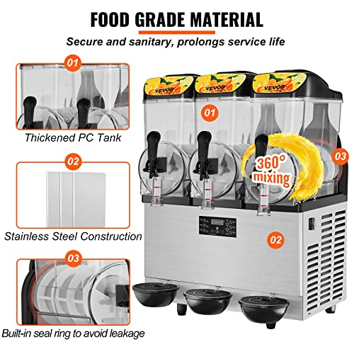 Vevor Commercial Machine 36L/9.6Gal Stainless Steel Margarita Smoothie Frozen Drink 150 Cup Triple Bowl 860W Slushie Maker For Home Party Restaurants Cafe Bars Use, 12L3, Silver #TOP3