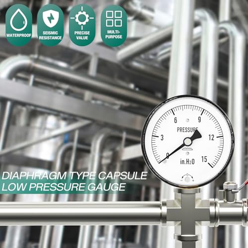Image of 0-15 in H2O Diaphragm Type Capsule Low Pressure Gauge 2-1 /3 inch Dial Size, 1 /4 inch NPT Lower Mount, Adjustable Water Column Gauge, for Pressure Testing with Air, Gas, Water, and Other Liquids