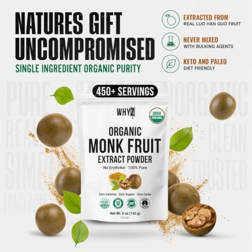 Organic Monk Fruit Extract, 100% Pure Monk Fruit Sweetener Organic No Erythritol and Zero Calorie, Sugar Substitute, Powdered Monkfruit Sweetener Keto and Paleo Diet Friendly, 458 Servings, 5 oz — view 4