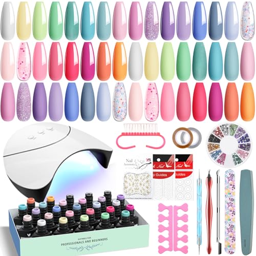 VANREESA 42 PCS Gel Nail Polish Set with U V Lamp 24 Colours Pastel Gel Nail Polish Set Pink Blue Purple Spring Colours Gel Nail Kit with Base Top Coat Salon Manicure Accessory Tools Gifts for Women