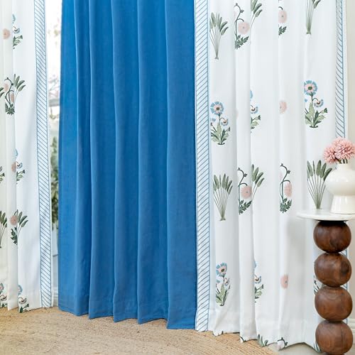 Image of Tranquebar Curtain Co. Window Curtains 5 Feet, 60-65% Room Darkening, Blue Ethnic Curtains Palms Print, Cotton Curtains for Window, Cotton Curtains 5 Feet Set of 3, BackTabs, Bagh Blue Combo (152 cm)