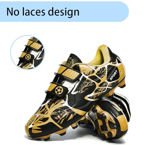 Woflebel Fußballschuhe Kinder Sportschuhe Jungen Mädchen Athletics Trainingsschuhe Football Professionelle Low Top Spikes AG FG Kunstrasen Schwarz Gold 35EU