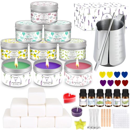 LDUMODUW Juego de velas para hacer tú mismo, kit de fabricación de velas para adultos principiantes, juego de regalo con 480 g de cera de soja, 9 latas de velas, 6 aceites aromáticos, 8 colores