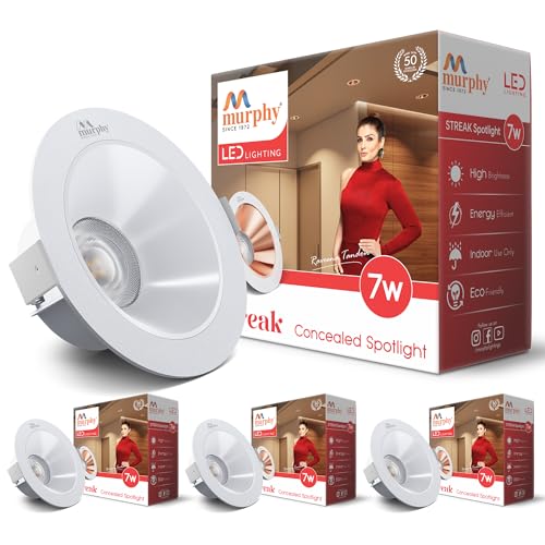 Image of Murphy 7W Streak LED Down Light WH+White Finish, Natural White Light, Round, Pack of 4, Recessed Ceiling LED Light, Suited for 3 inch Junction Box /Concealed Box (2 Years Warranty)
