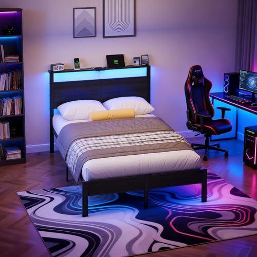 Image of Liians Metal Bed Frame Full with Storage Headboard, LED Lights and USB Charging, Noise-Free Platform Bed, No Box Spring Needed, Easy Assembly-Black