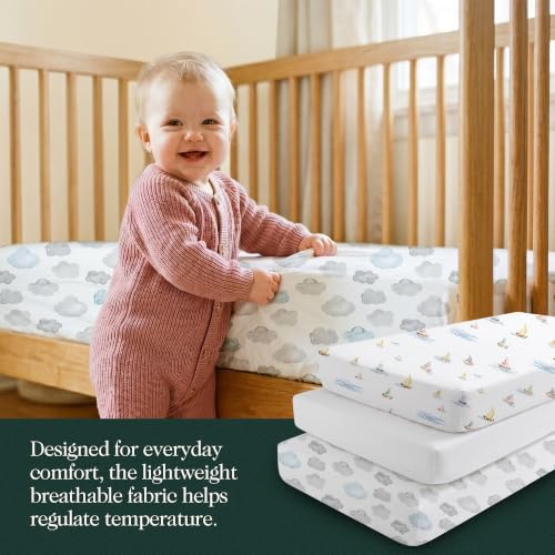 Image of 100% Organic Cotton Baby Crib Sheets (3-Pack) - GOTS Certified, Soft Fitted Sheets for Mini Mattress & Pack n Play, 5 inch Deep Pocket with Secure Elastic Fit, Boys & Girls, 28 inch x 55 inch (Watercolors)