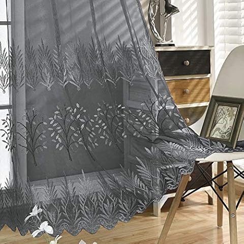 DONREN Luxury Grey Embroidery Sheer Curtain Panels for Living Room - 84 inch Length Leaf Embroidery Voile Window Curtains for Bedroom(W 52 x L 84 Inch,2 Panels) Cover