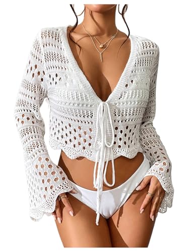 Milumia Women's Hollow Out Tie Front Cover Up Flare Sleeve V Neck Crochet Kimonos