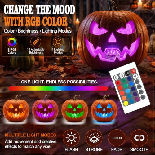 POLENTAT Halloween Pumpkin Lights, 4 Pack RGB Battery LEDs with Remote - image 3