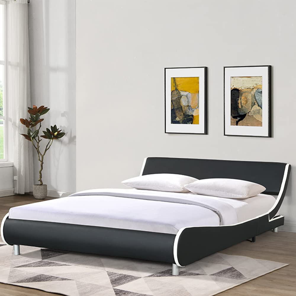 Anwickhomk Modern Low Profile Platform Bed Frame Queen Size, Stylish Faux Leather Upholstered Sleigh Bed with Headboard,Curve Design, Wood Slat Support,No Box Spring Needed, (Black and White)