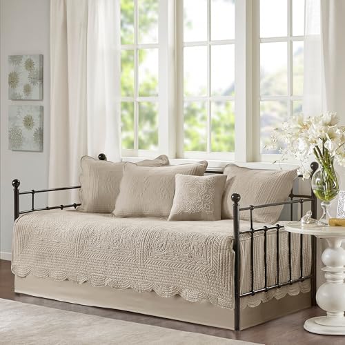 Madison Park Daybed Cover Set Damask Quilted Cover for Daybeds All Season Pre-Washed Cotton-Filled Coastal Bedding with Scallop Edge Shams Bedskirt Dcor Pillows Tuscany Daybed Khaki 6 Piece