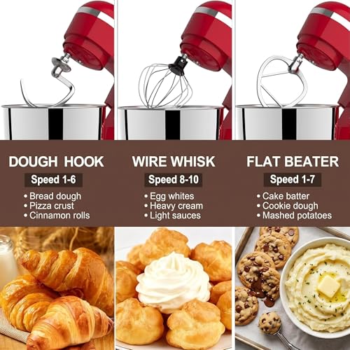 Image of 6in1 Stand Mixer with 6.5 Quart Bowl, 660W 10+p Speeds Kitchen Food Mixer Tilt-Head Bread Dough and Cake Mixers for Home Daily Use (Red)