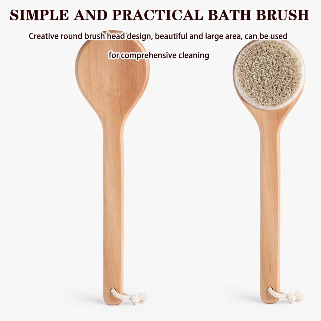 Cepillo De Ducha De Madera De Mango Largo para El Hogar con Cuerda para Colgar, Exfoliante Corporal De Cerdas Naturales De Caballo, Exfoliante De Espalda Y Limpieza con Masaje(40 * 10.5cm*2PCS)