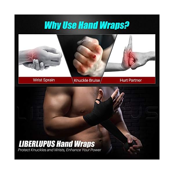 LIBERLUPUS-Elastic-Professional-120180-Inch-Hand-Wraps-for-Men-Women-Boxing-Gloves-Martial-Arts-Wraps-with-Hand-Wrist-Support-Stretch-Boxing-Handwraps-for-Kickboxing-Muay-Thai-MMA-Pair LIBERLUPUS Elastic Professional 120/180 Inch Hand Wraps for Men Women, Boxing Gloves Martial Arts Wraps with Hand & Wrist Support, Stretch Boxing Handwraps for Kickboxing Muay Thai MMA (Black, 180)
