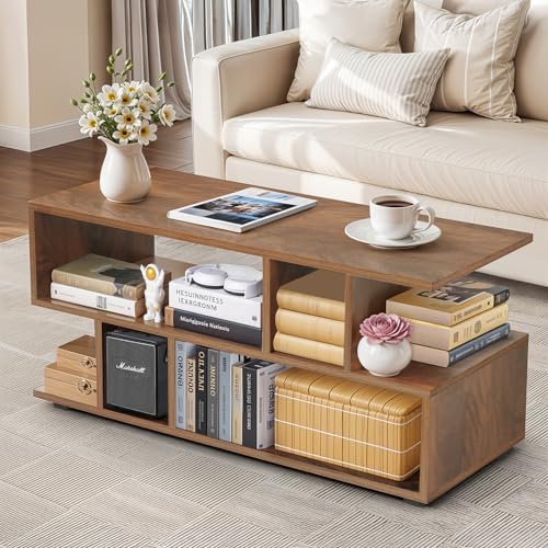 Image of ABOUT SPACE Wooden Coffee Table - Sofa Centre Tea Poyee Table with Storage - Space Saving Portable Furniture for Living Room, Bed Room, Office (Walnut - L 90 x B 40 x H 40 cm)