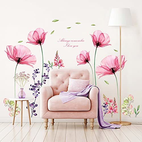 BASHOM BS-106 Citations de fleurs roses Stickers muraux Stickers floraux coquelicot Amovibles pour une inspiration Chambre Salon Cuisine Salle de bain art Home...