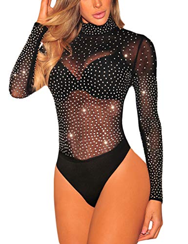 SEBOWEL Women Studded Mock Neck Bodysuit Mesh See Through Jumpsuits Top, Black, M