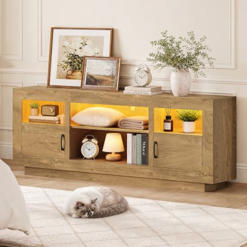 Image of TEENFON TV Stand for 75 inch TV, Entertainment Center with LED Lights & Adjustble Shelves, 27.6 inchH TV Console, Media Console with Open Storage & Side Cabinets, TV Stands for Living Room, Natural Brown