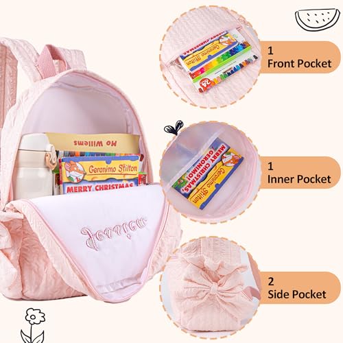 Personalized Small Daycare Backpack Cute Pink Seersucker Preppy Backpack with Bowknot Custom Embroiderey Daypack with Name for Overnight Weekender Travel(Pink Small Bowknot)2