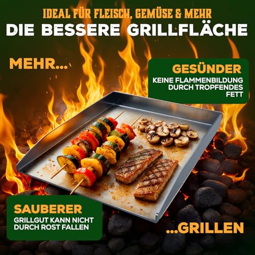 Blumtal Set Plancha Grillplatte Edelstahl inkl. 2 Grillspachteln & Ölflasche - 30x40 cm Plancha Grill Set für perfekte Röstaromen - Grillmatte Gasgrill geeignet - Edelstahl Platte rostfrei & robust