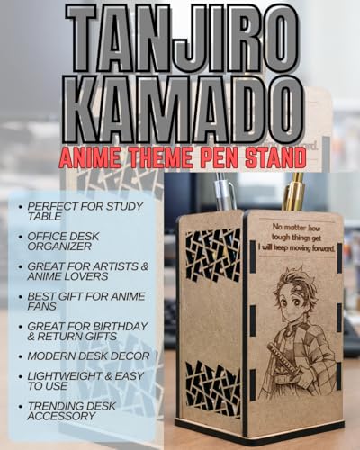 Image of Tanjiro Kamado Wooden Pen Stand | Anime Pencil Holder for Study Table | Demon Slayer Desk Accessories