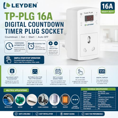 Image of LEYDEN TP-PLG 16A 220VAC, 16A, Digital Coundown Automatic Off Timer Plug Socket 1 Minute to 9 Hour 45 Minutes for Waterpump, Motor, AC, E-Bike, Gyser, Heater