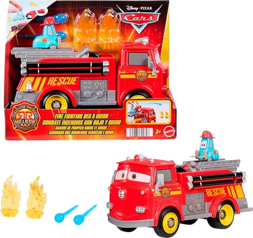 Mattel Cars Coffret Camion de Pompier Red & Guido Course de Radiator Springs avec 2 cibles en Forme de Flammes en Plastique et 2 projectiles à Eau, JFL54
