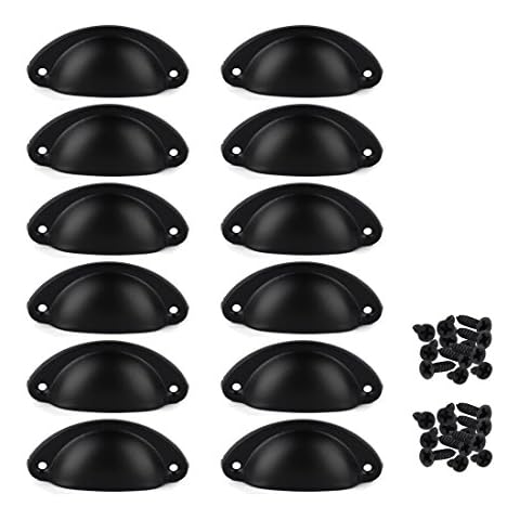 Metal Drawer Flat Pulls Knobs Closet Cabinet Handles Furniture Wardrobe Hardware Cabinet Cup Pulls Kitchen Hardware Drawer Handles 82mm 12 Pack (Black) Cover