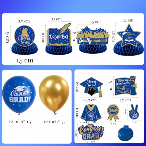Image of Royal Blue and Gold Graduation Party Decorations 2026 - Class of 2026 Grad Balloons Garland Kit with Banner, Honeycomb Centerpieces, Hanging Swirls, Foil Trophy Balloons for Prom Senior Night