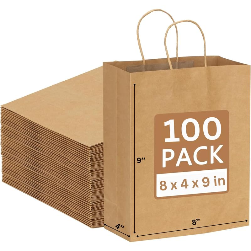 JET PAPER BAGS - 8”x4”x9” Inch [100 Pcs] Brown Paper Bags with Handles Prime for Takeout, Grocery, Goody, Retail, Party, Gifts, Weddings - Recyclable Kraft Paper Gift Bags with Handles