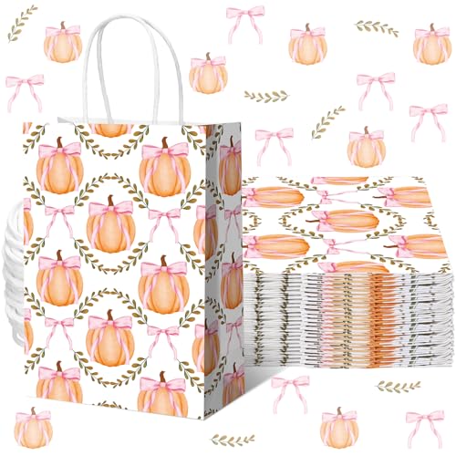 Kolldenn 16 Pcs Coquette Pumpkin Bow Paper Gift Bags Women Birthday Thanksgiving Party Favor Goodie Candy Bags with Handles for Bridal Engagement Party Supplies 8.3 x 5.9 x 3.1 In(White Pumpkin Bow)