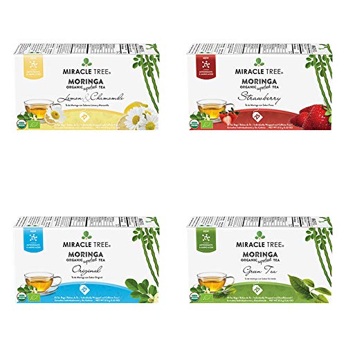 Miracle Tree - Té orgánico de Moringa Superalimento, paquete de 4, 4 x 25 bolsas de té selladas individualmente (limón y manzanilla, fresa,