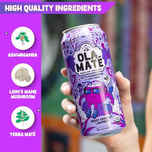 Image of Yerba Mate Energy Drink - Low Sugar Sparkling Tea Cans with Ashwagandha, Lion's Mane, USDA Organic Clean Energy Drink with 125mg Natural Caffeine, Ola Mate Berry Coconut