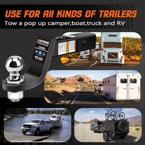 Image of METOWARE 4 inch Drop Trailer Hitch Ball Mount for 2 inch Receiver, 7,500 lbs GTW Heavy Duty Towing Kit with 2 inch Ball and Hitch Lock, Solid Steel Tow Hitch for Truck, SUV, Boat, RV, Black Powder Coat