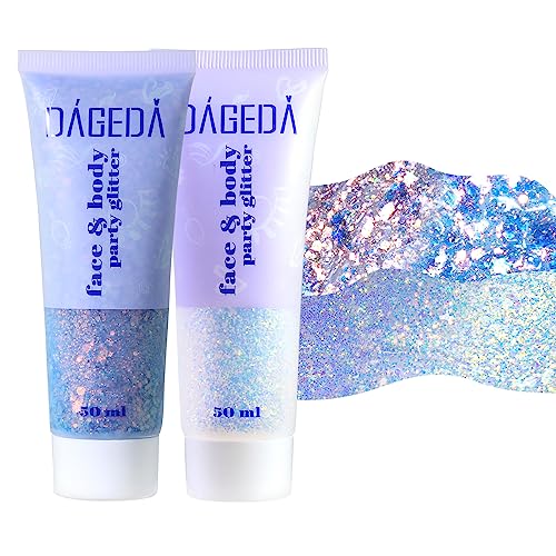 Prreal Body Glitter Gel, Face Glitters Body Gel Sequins Shimmer Liquid Eyeshadow, Chunky Glitter for Face Nails Hair, Holographic Mermaid Sequins for Festival Makeup 100 ml (Blue Purple+Phantom Blue)