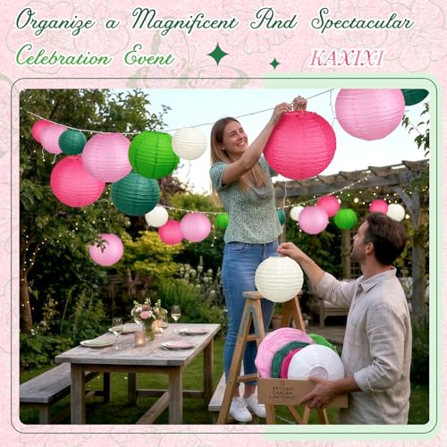 Image of 15-Piece Pink Green White Paper Lanterns Party Decorations