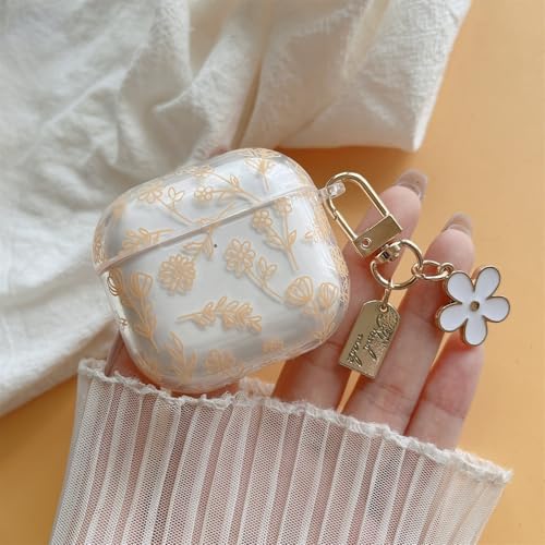 Image of MINSCOSE Compatible with AirPods 4 Clear Case,Cute Flower Floral Aesthetic Design with Flowers Keychain, Soft TPU Protective Shockproof Case for Women Girl for Airpods 4-Yellow