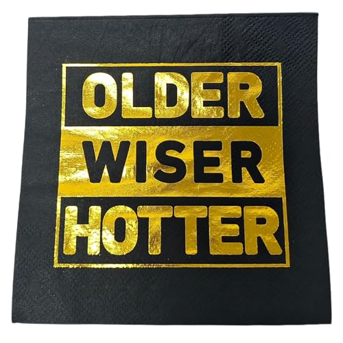 Older Wiser Hotter Cocktail Napkins for Men Women 30th 40th 50th 60th 70th 80th Birthday Party Decorations Birthday Sign Birthday Gift,Funny Birthday Napkins,Gold - Handmade
