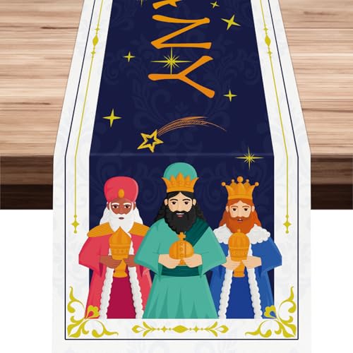 VorkiVecKi Three Kings Day Decorations - Happy Epiphany Table Runner Christian Gifts Supplies Christmas Colorful Seasonal Kitchen Dining Nativity Jesus Indoor Decoration for Home Party Family Decor