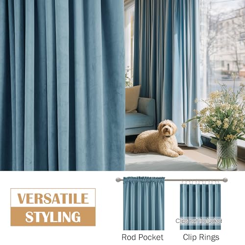 Image of Beauoop Lake Blue Velvet Curtains 84 Inches Long 2 Panels for Bedroom Living Room Soft Luxury Room Darkening Thermal Insulated Soundproof Rod Pocket Window Treatments Drapes, 52X84 Set of 2