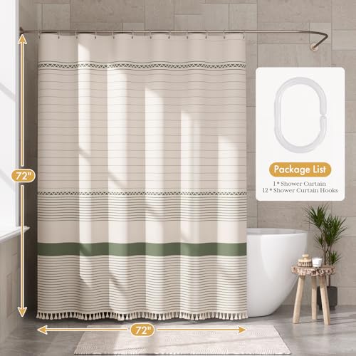 AmazerBath Boho Shower Curtain, Modern Farmhouse Shower Curtain Set with Tassels, Rustic Faux Linen Green Striped Shower Curtain with Hooks, Light Tan Toned, 72x72 Inches - Image 3
