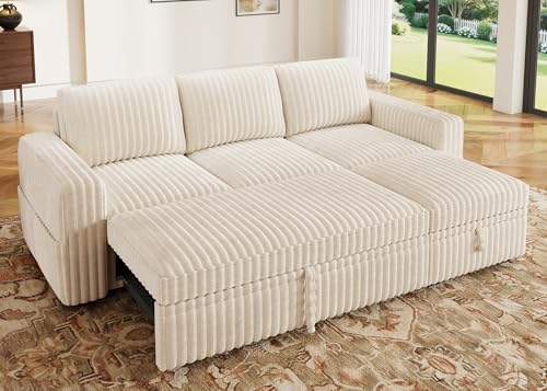 Image of HONBAY Modular Sectional Sofa with Pull Out Bed,Corduroy L Shaped Sleeper Sofa with Storage, Sectional Couches for Living Room,Beige