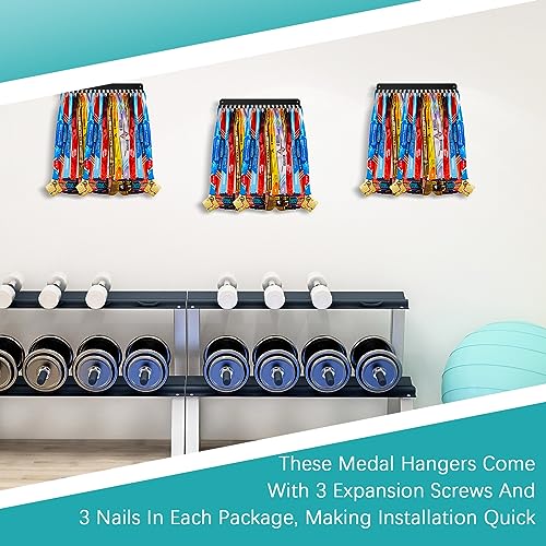 Image of Geetery 4 Pack Medal Hanger Display with 20 Hooks Each, Sturdy Steel Wall Mount Medal Holder Rack Holds 60+ Awards for Gymnastics Marathon Sport Runner Soccer Wrestle Swim, Easy to Install
