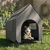 48" Extra Large Dog House with Rain Cover – Weatherproof Elevated Outdoor Dog Bed & Kennel for Large Dogs, XL Dog Cot with Breathable Mesh & Reinforced Steel Frame, Easy Assembly All-Season (Grey)