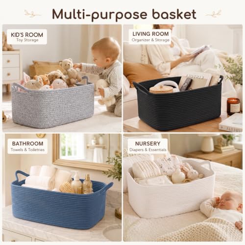 Image of OIASKET Large Empty Cotton Rope Gift Basket with Handles, 16.5 inchx12.6 inchx7 inch Decorative Woven Storage Basket with Gift Bag and Ribbon Set for Baby Shower, Toy Organizer for Kids, Dogs & Cats - Black