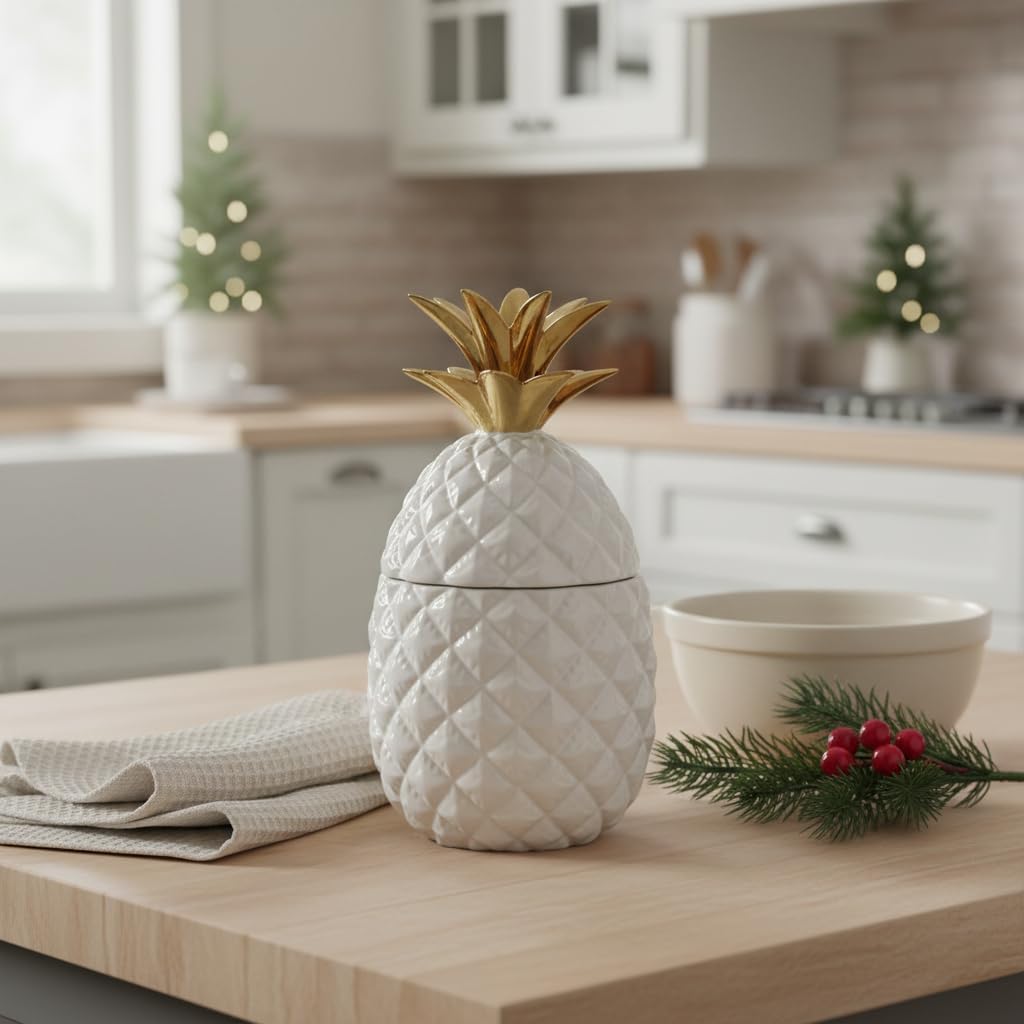 Comfy Hour 9.3 inches Height, Ceramic Pineapple Cookie Jar, Decorative White and Gold Kitchen Canister, Tropical Modern Farmhouse Countertop Storage Container, Artisan Crafted Home Decor, 1 Unit