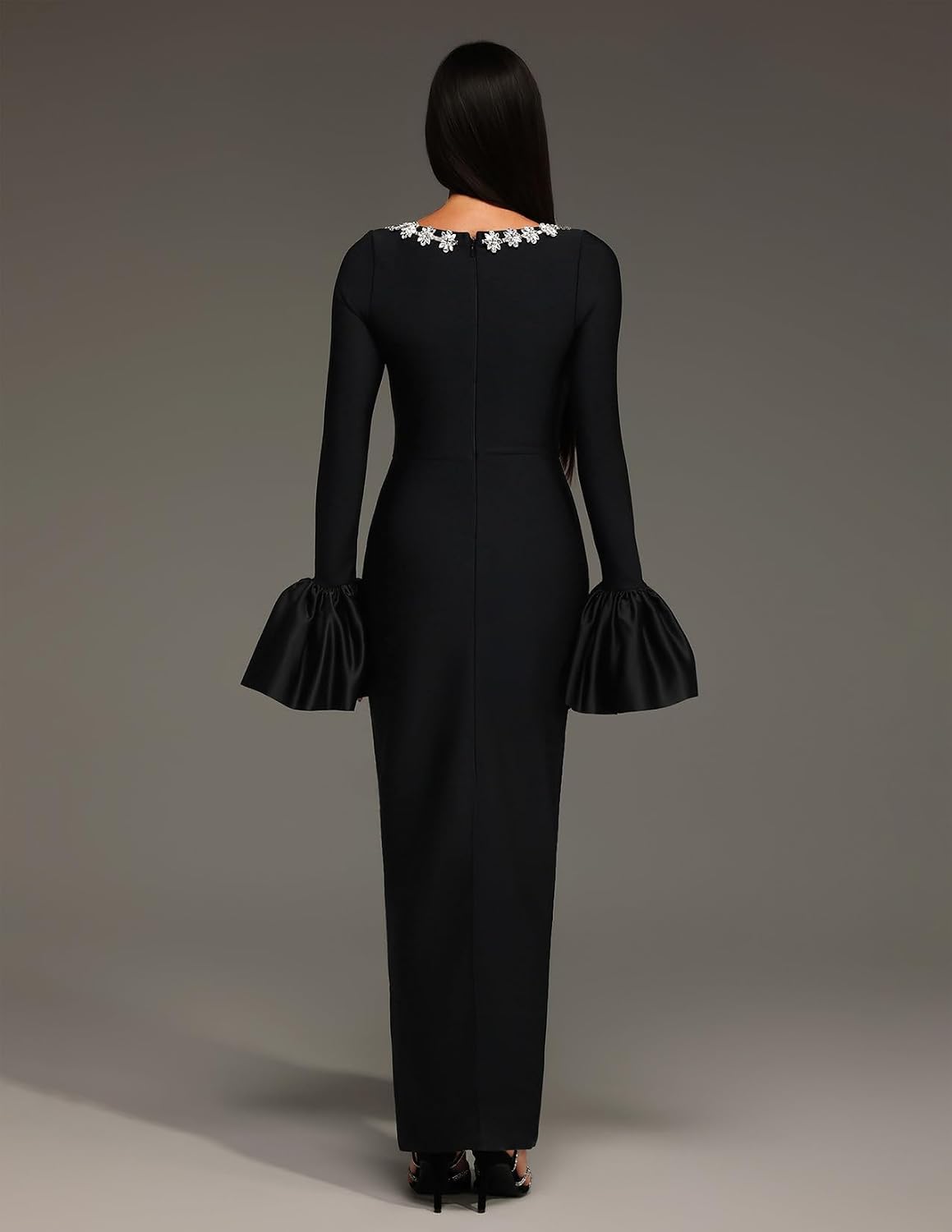 Black Elegant Flared Sleeves Square Neck Sparkly Rhinestone Prom Dress Flattering Stretch Maxi Formal Gala Evening Dress
