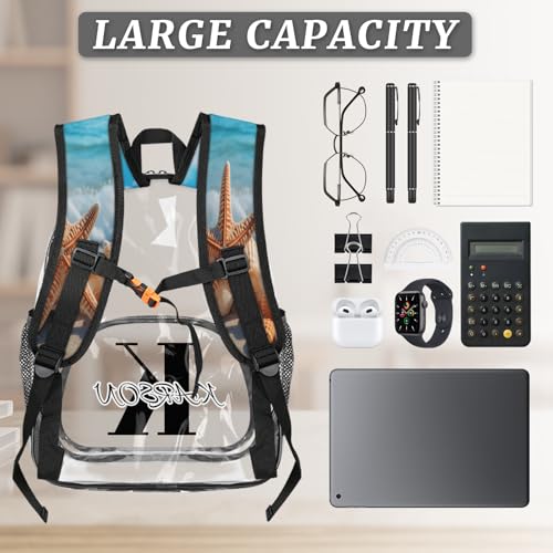 Personalized Small Clear Backpack Stadium Approved Heavy Duty PVC Plastic Custom Beach Transparent Backpacks See Through Bag with Name, Conch Starfish Sand3